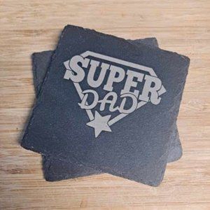 Fathers Day Gift - Super Dad- 2 pc Square Slate Stone Drink Coasters